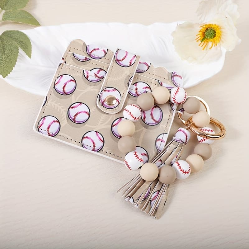 TEMU 1pc Sports Baseball Series Handmade Beaded Wristband Keychain White Baseball Yellow Baseball Beaded Key Ring Pu Tassel Card Holder Key Ornament Gift For Women, Mothers,