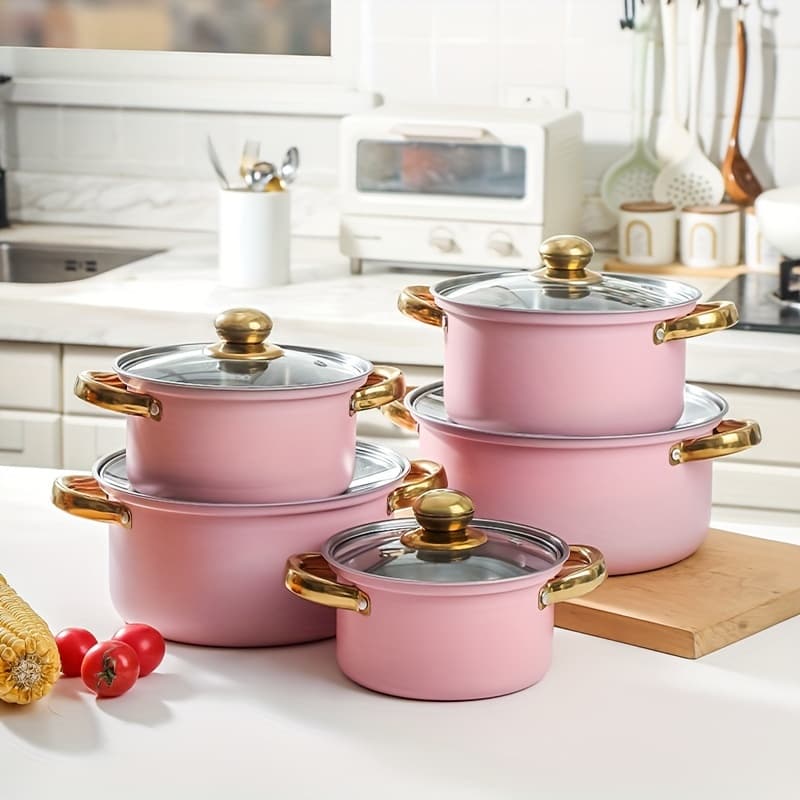 TEMU Stainless Steel Kitchen Induction Pot Cookware Set, 10pcs Basic Stainless Steel Pots And Pans, Cooking Kitchen Stainless Cookware Set (pink)