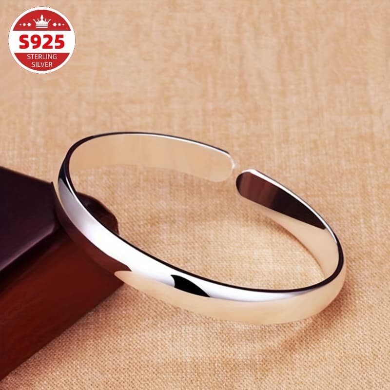 TEMU S925 Pure Silvery Easy Temperament Circular Smooth Opening Bracelet, Women's Ethnic Style Wide Face Bracelet Suitable For Daily Wear, Perfect Gift For Valentine's Day, , Carnival, Easter