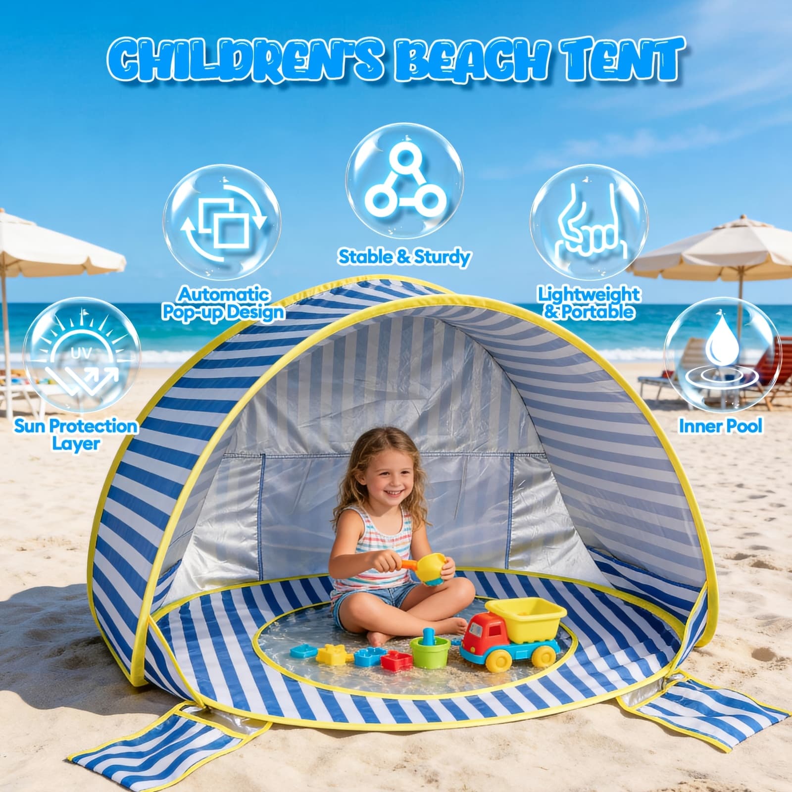 TEMU Children's Beach Tent, Pop-up Sun Shelter With Uv Protection, Portable Outdoor Play Tent For Children, Lightweight Sunshade For Beach, Park, Or Backyard