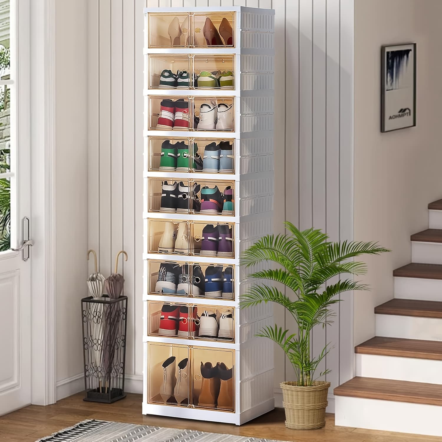 TEMU 9-layer Foldable Storage Box, Easy To Assemble Transparent Plastic Stackable Storage Cabinet, Shoe Cabinet Storage Box, Shoe Box With Cover Large Shoe Rack, Cooking
