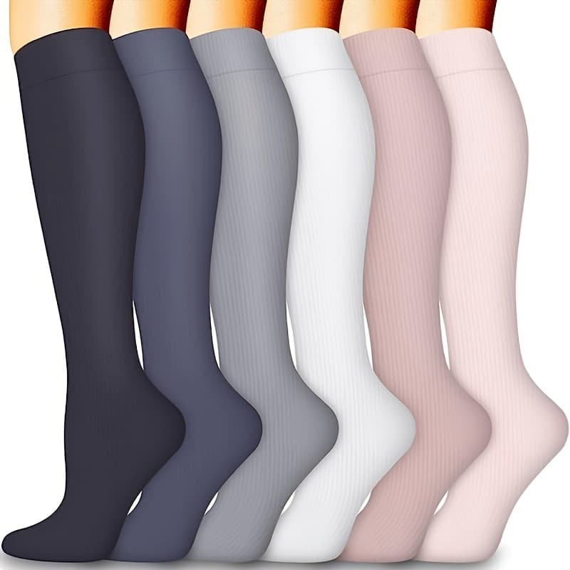 TEMU 6-pack Nurse Running Knee Compression Socks - 15-25 Mmhg Blood Flow Support, And Elastane Blend, - Care Compression Socks