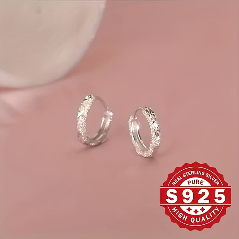 TEMU 925 Pure Silvery Earrings For Women - Elegant Small Diameter Frosted Glitter Earrings, Hypoallergenic, Suitable For Daily Wear And Gifts, Christmas Season Jewelry