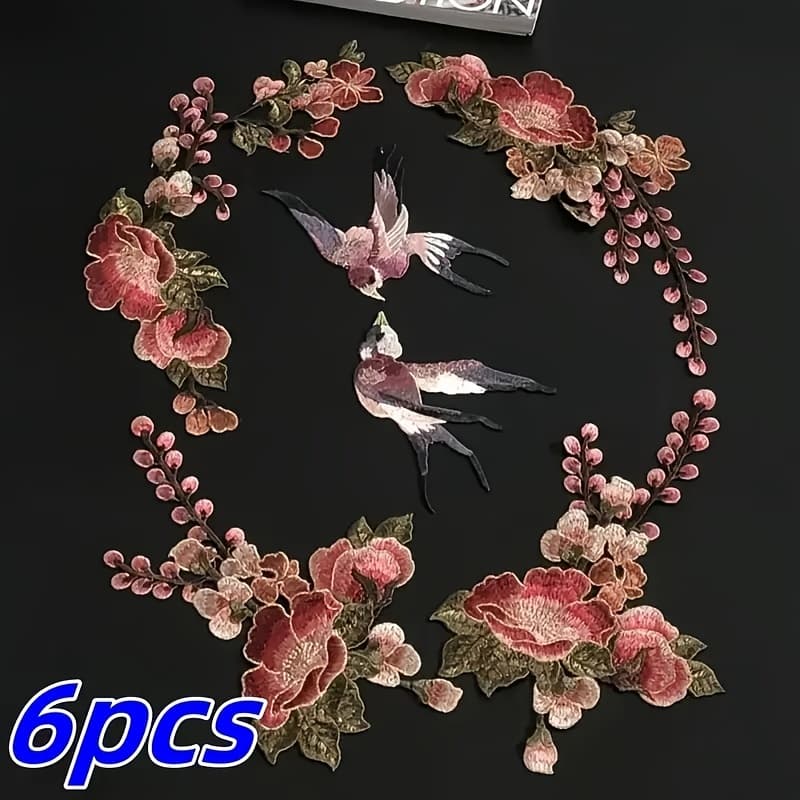 TEMU 6pcs Peony Swallow Flower Water Soluble Embroidery Cloth Patch, Suitable For Decoration Accessories, Soft Texture, No Backing Glue, Needs To Be Hand Sewn