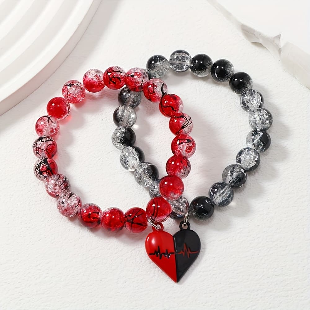 TEMU 2pcs Black And Bead Glass Round Bead Couple Bracelet, Gothic Style Electrocardiogram Heart Pendant Couple Bracelet, Valentine's Day Gift, Suitable For Couples, Vacation