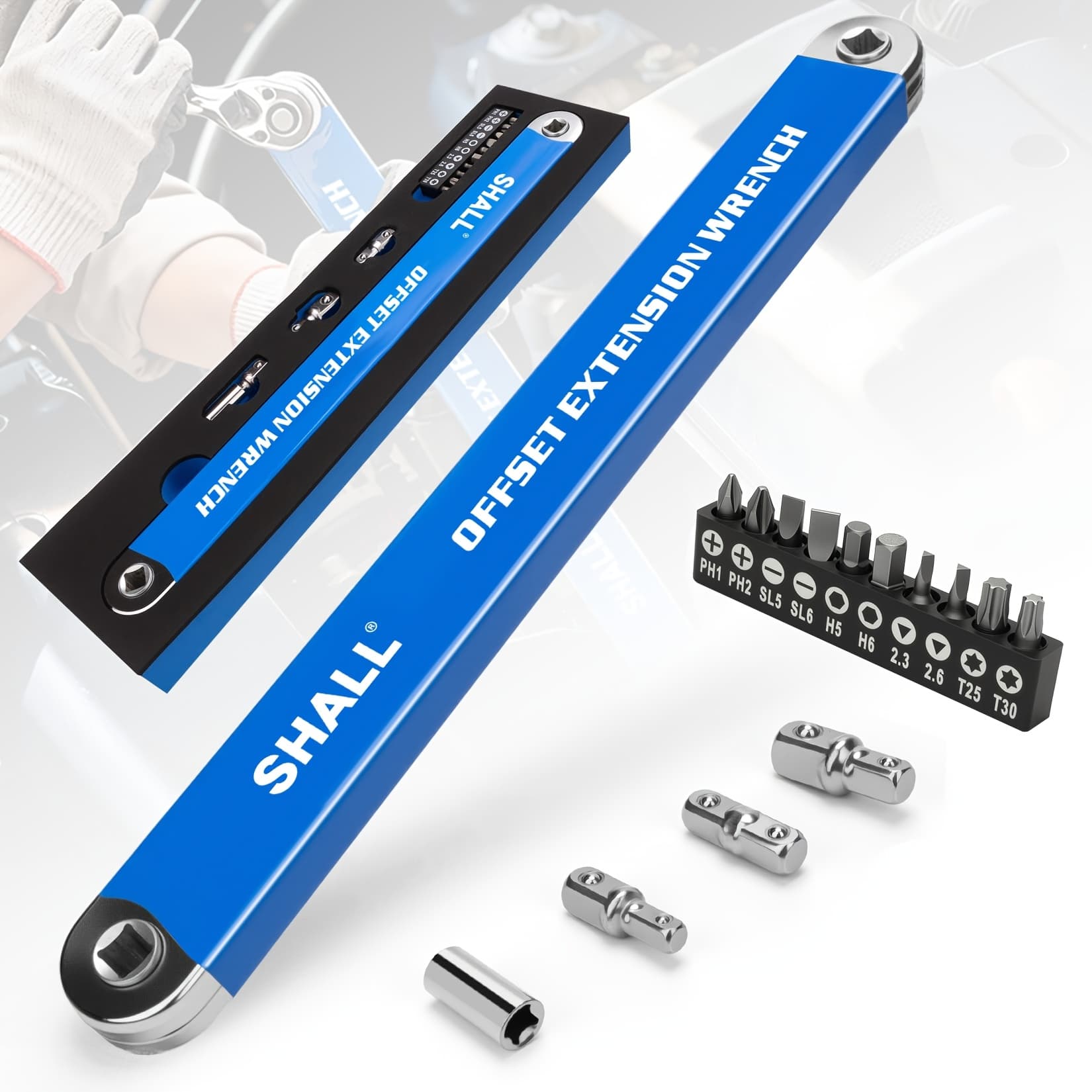 TEMU Shall Offset Extension Wrench, With 180 Degree Swivel Non-slip Handle, Includes 1/2", 1/4" & 3/8" Drive Adapters, Ideal High Torque Ratchet Extensions For Tight Spaces