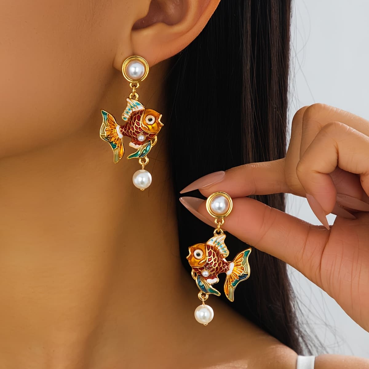 TEMU 2pcs Fashionable And Cute Goldfish Glaze Drop Earrings, Elegant And Versatile Dangle Earrings Suitable For Women's Parties And Gift-