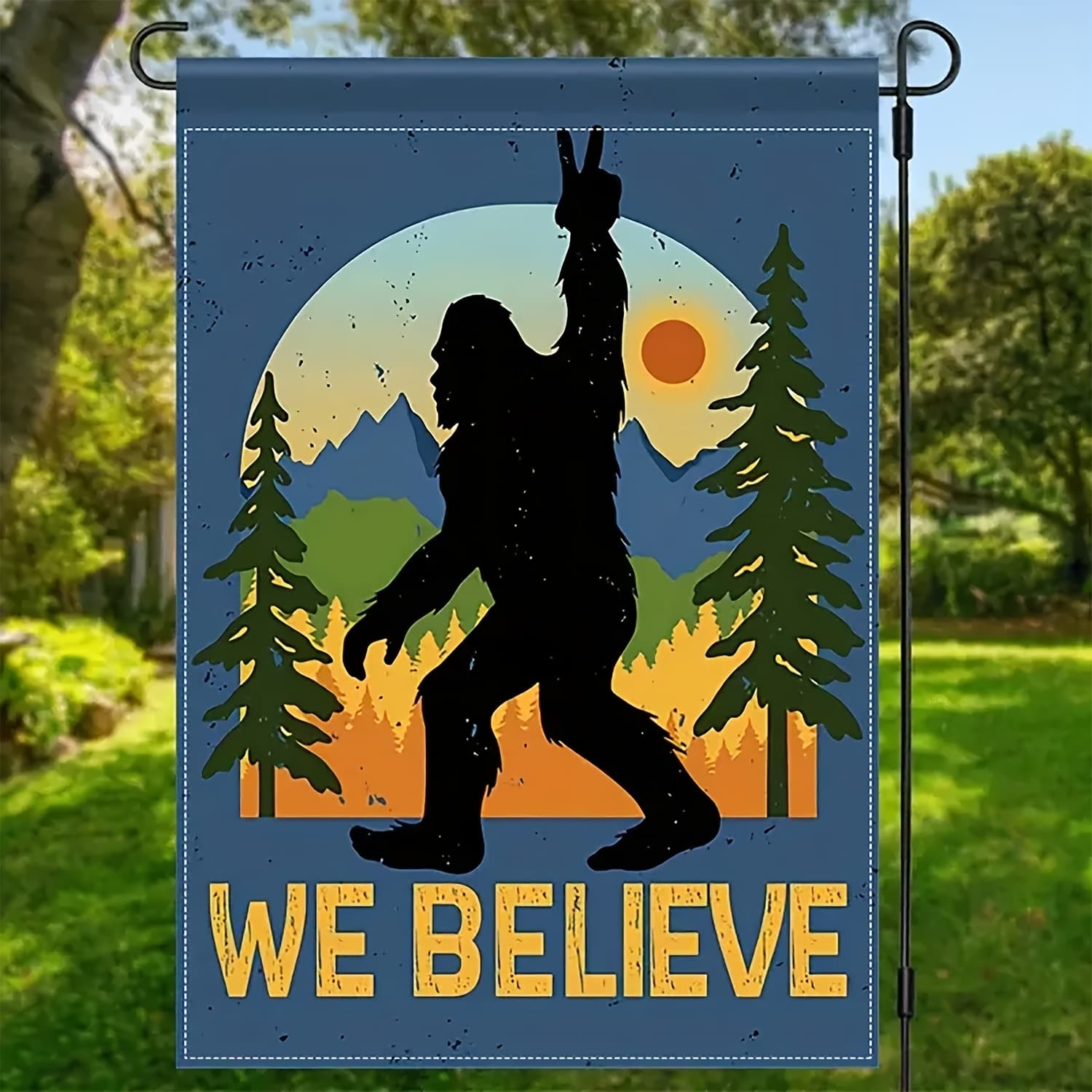 TEMU 1pc, We In Garden Banner, Sasquatch Double-sided Printed Home Flag, Outdoor Yard Decor, Polyester Lawn Banner, 12x18 Inches