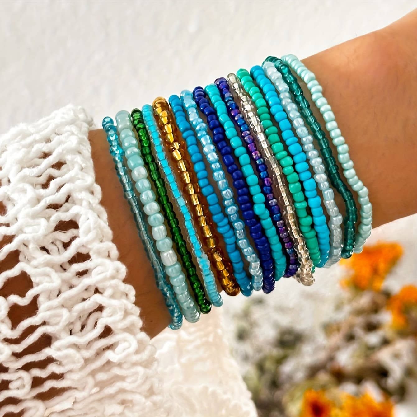 TEMU 16pcs Set Of Glass Material Rice Bead String Handmade Chain Bead Bracelet Combination Set Bohemian Style Beach Vacation Leisure Set Bracelet