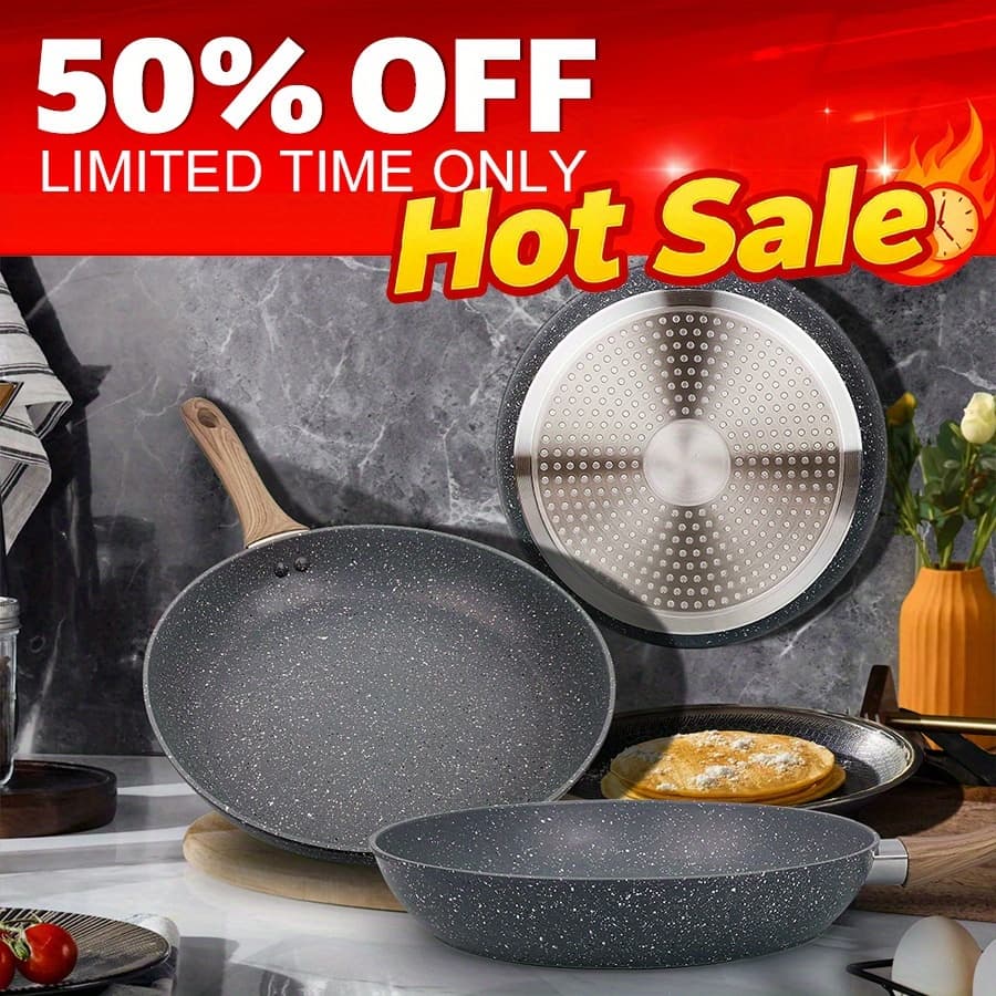 TEMU Kitchen Pot And Pan 3pcs/set Of Wooden Handle Frying ' Wok, Multi Size Breakfast Pan, Suitable For Party, Christmas, Thanksgiving, Holiday Dinner, All Kinds Of Stoves Universal (gray)