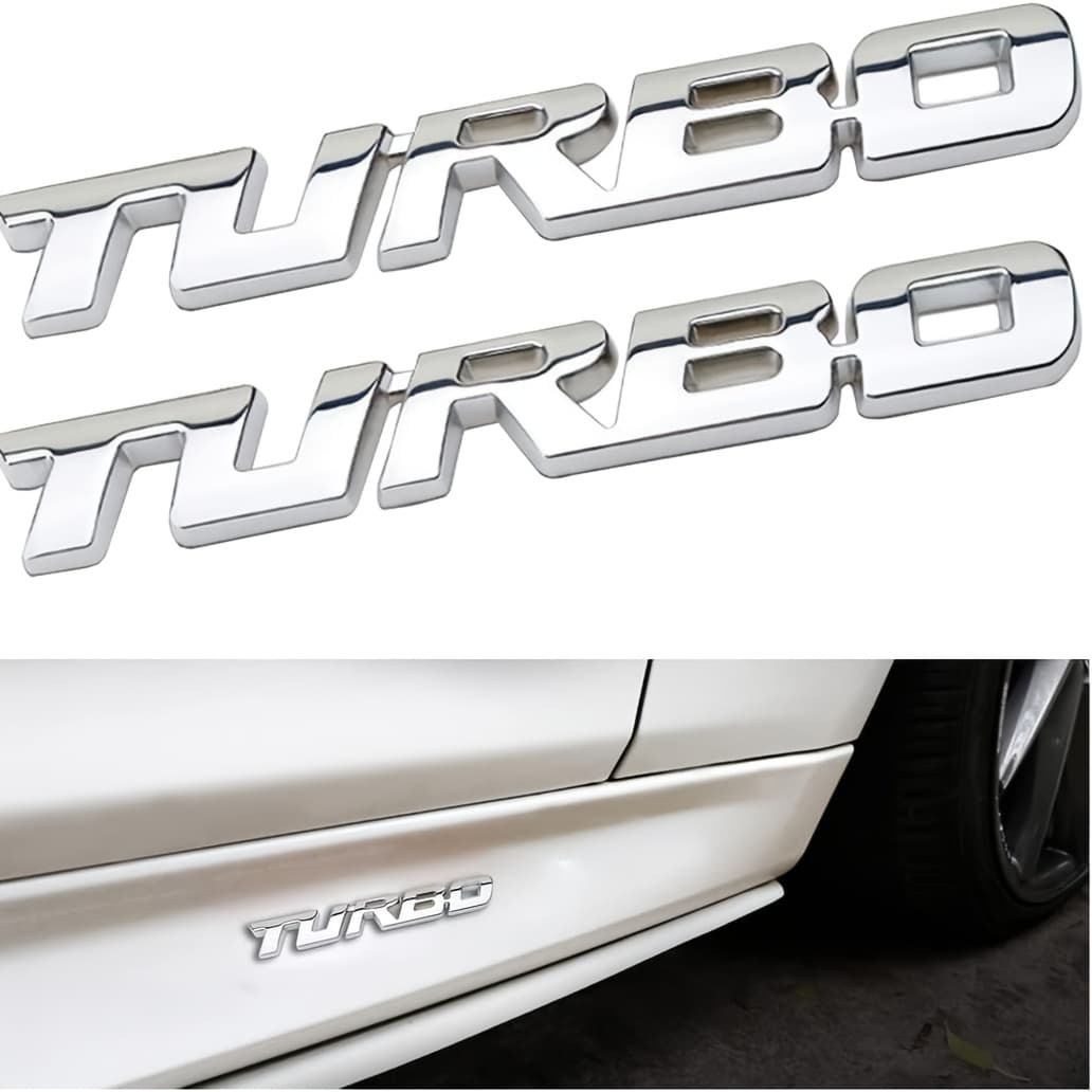 TEMU 2pcs Turbo Letter Car Emblem - 3d Metal Badge For Hood, Doors & Bumpers | Waterproof Exterior Accessories | Alloy Turbine Design | Fits All Models