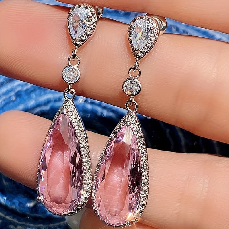 TEMU 1 Pair Women's Fashion Drop Earrings Luxurious Elegant Pink Synthetic Zirconia Stud Earrings Women's Engagement Wedding Banquet Party Jewelry Ear Jewelry
