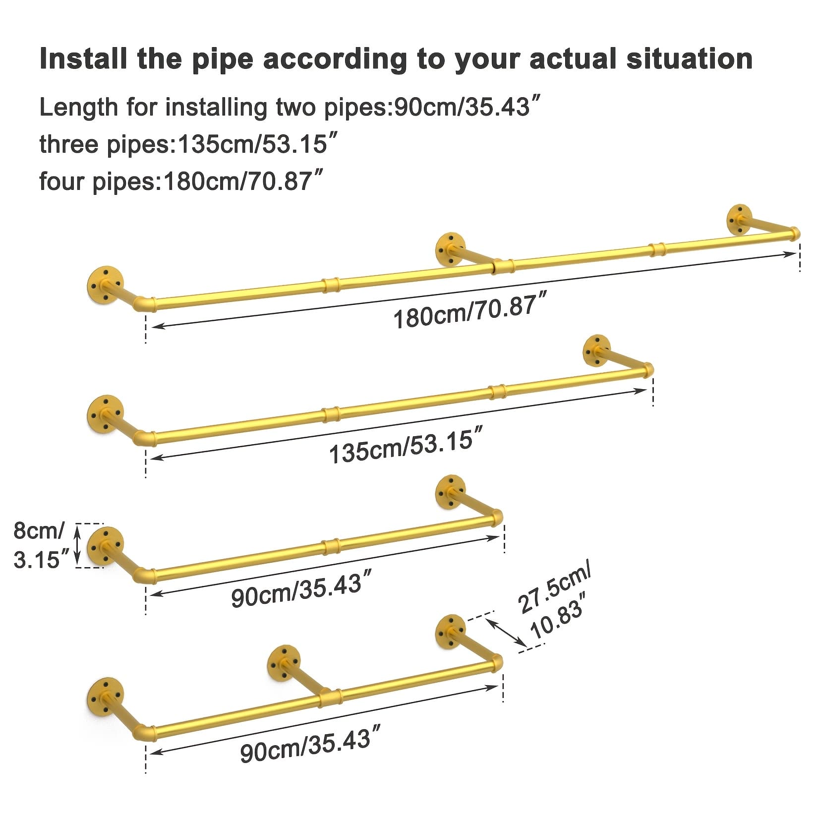 TEMU Aesome 70.8inch Golden Wall Mounted Clothes Rack Industrial Pipe Garment Rack Hanging Rod Bar For Closet Storage Laundry Room Up To 135 Lbs