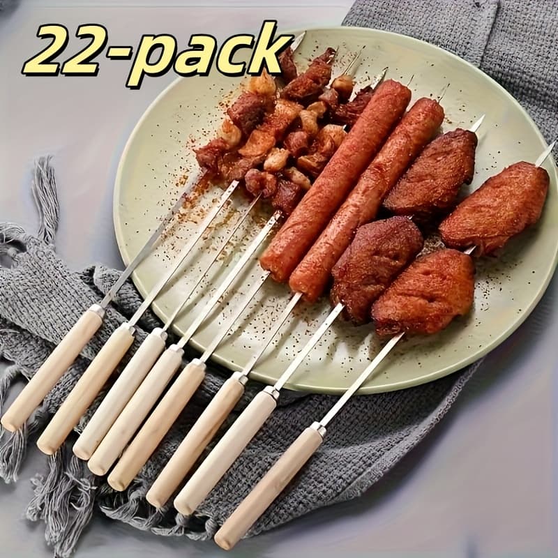 TEMU 22pcs Outdoor Bbq Wooden Handle Flat Skewers Stainless Steel, Suitable For , Grilled Meat, Vegetables, Bbq Grill Additions