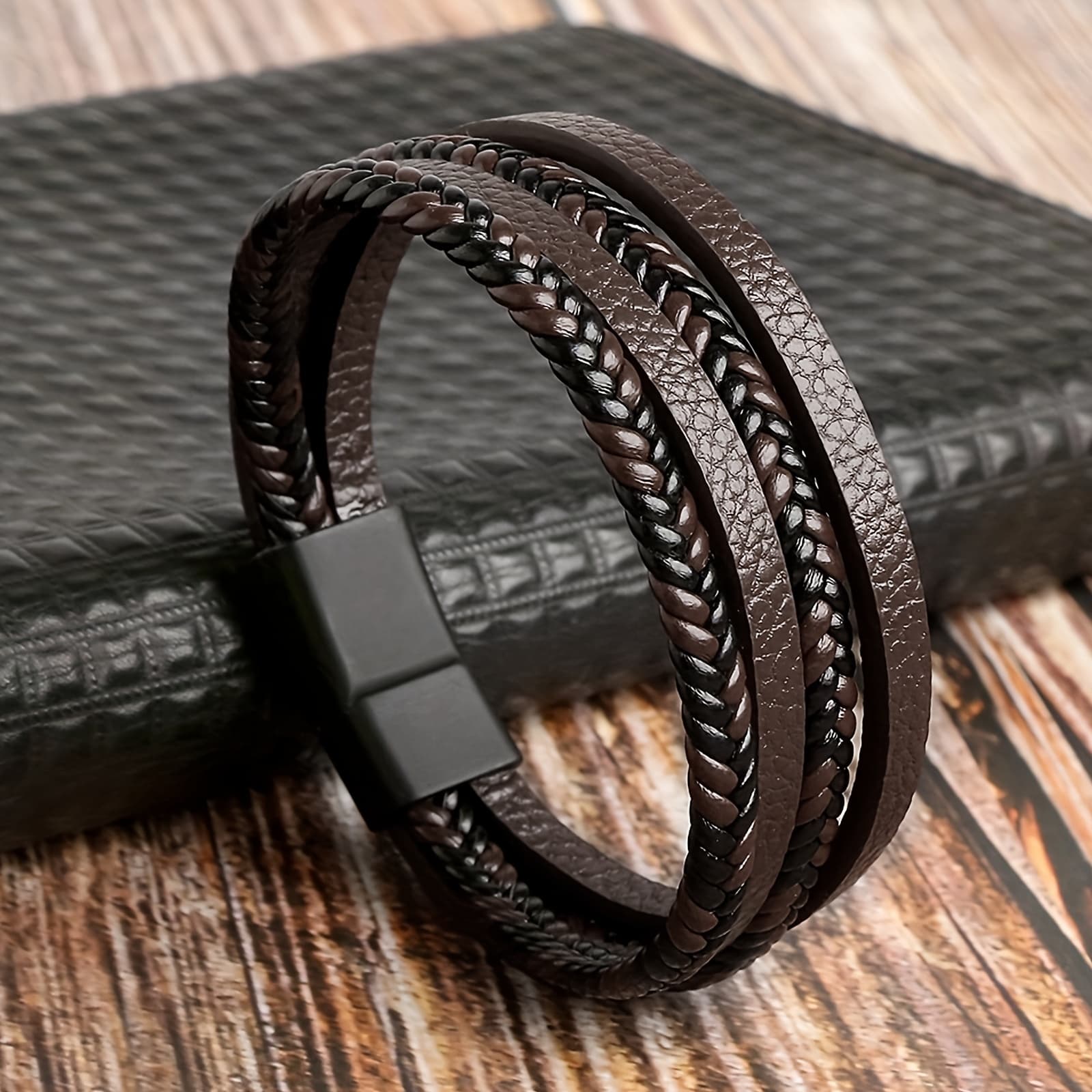 TEMU 1pc Men's Handmade Woven Faux Leather Magnetic Bracelet