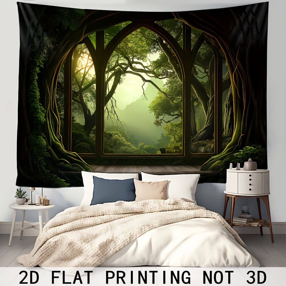 TEMU 2d Flat Printing, 1pc Tree Hollow Tapestry With Gothic Window, Forest And , Mystical Wall Decor, Landscape Mural Wall Hanging
