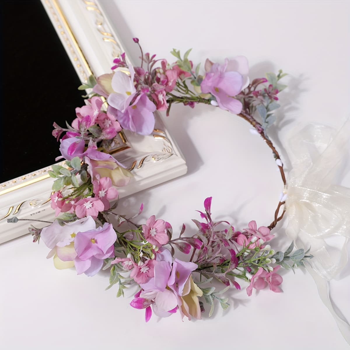 TEMU 1pc Lavender Floral Wreath Headband - Style, Polyester, No Power Needed, Feather-free | Ideal For Travel, Photo & Stage Performances