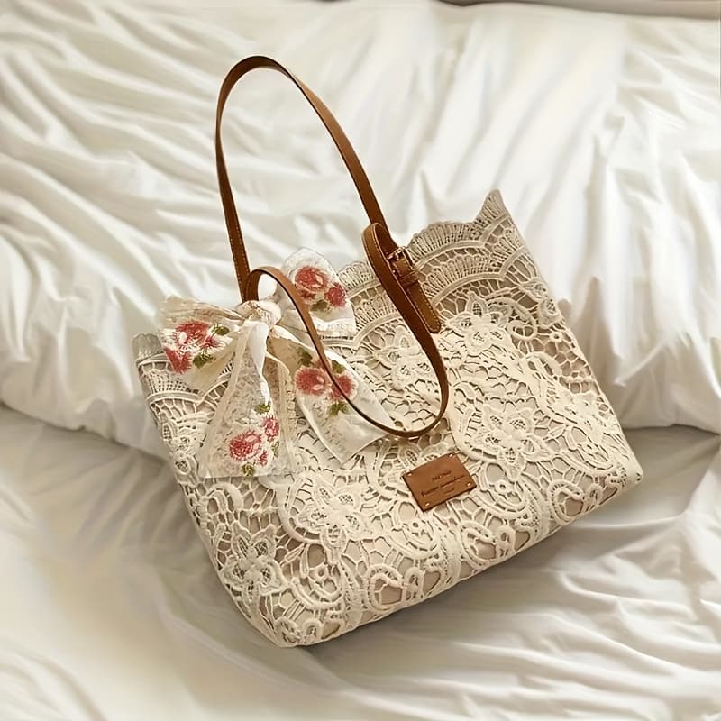 TEMU 2025 New Style Lace Tote Bag/ Shoulder Bag: Elegant And Premium With Floral Decorations, Perfect For Daily Commuting Or Photo Shooting, Ideal Holiday Gift (halloween/thanksgiving/christmas)