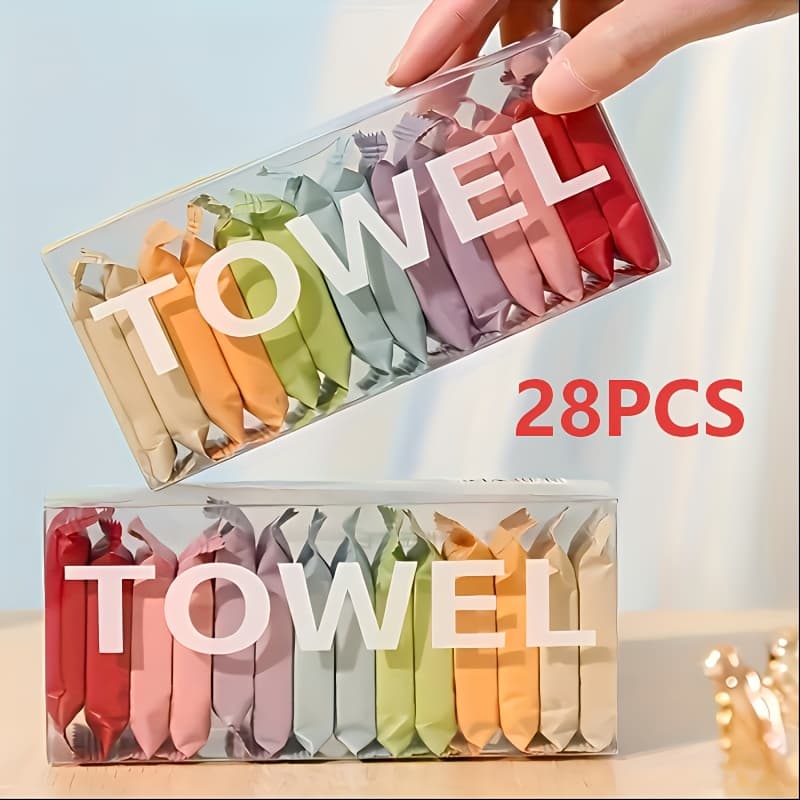 TEMU 28pcs Of Individually Packaged Compressed Towel Set, Portable Travel Face Towels, Disposable Wet And Dry Towels, Convenient Compressed Towels Suitable For Cleaning And Hygiene Needs