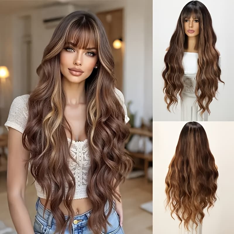 TEMU Elegant 28-inch Brown Long Curly Wig With Bangs, Soft Synthetic Hair, , Density - Perfect For Daily Wear And Cosplay