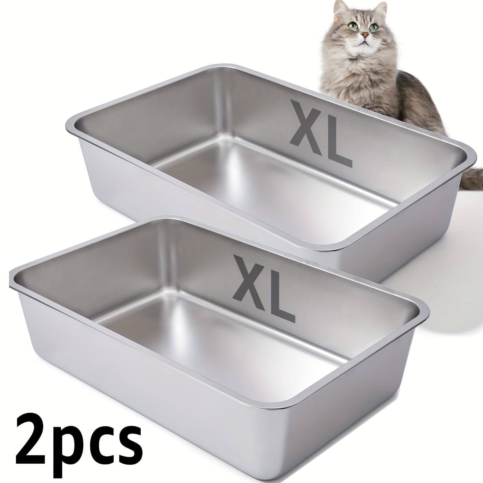 TEMU 2pcs Stainless Steel Cat Litter Box, 6" Deep Stainless Steel Extra Large Cat Litter Box, Xl Metal Litter Box For , Easy To Clean, Large Cat Litter Box, 6" High Side Cat Litter Box