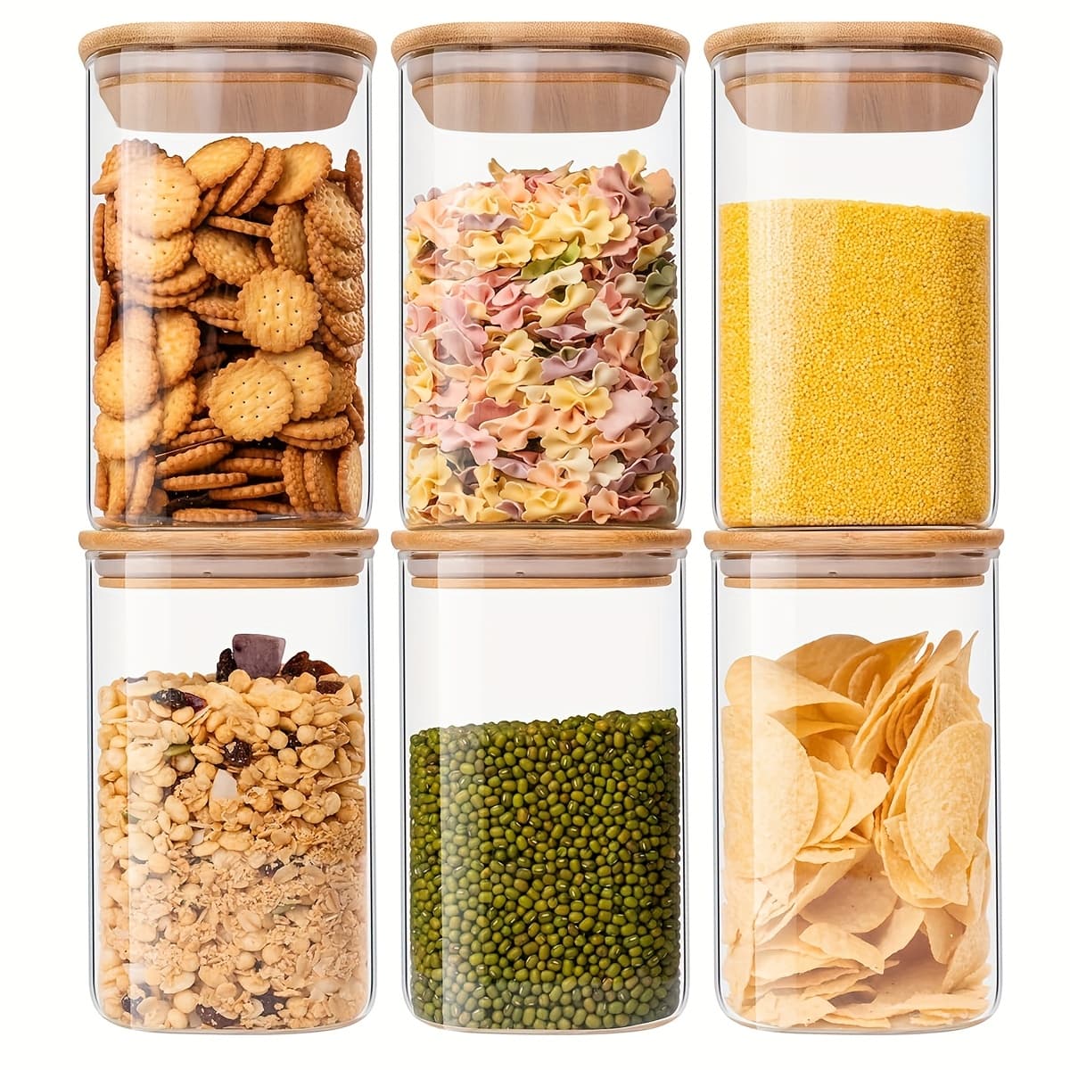 TEMU Glass Food Storage Jars 37oz Set Of 6, Glass Storage Containers Clear Glass Food Canister With Bamboo Lid Airtight For Serving Tea, Coffee, Flour, Sugar, Candy, Cookie, Spice And More (square)