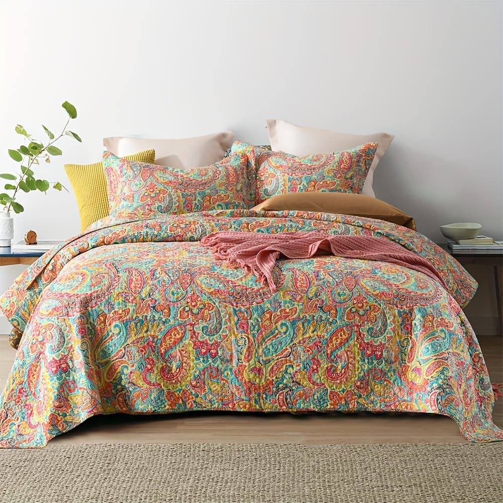 TEMU 100% Bedspread Summer Cooling Quilt Sets Bedding Coverlet Sets, Floral Paisley Pattern Comforter Sets Queen, King Size Bed Comforter Sets, 1 Quilt With 2 Pillow Shams