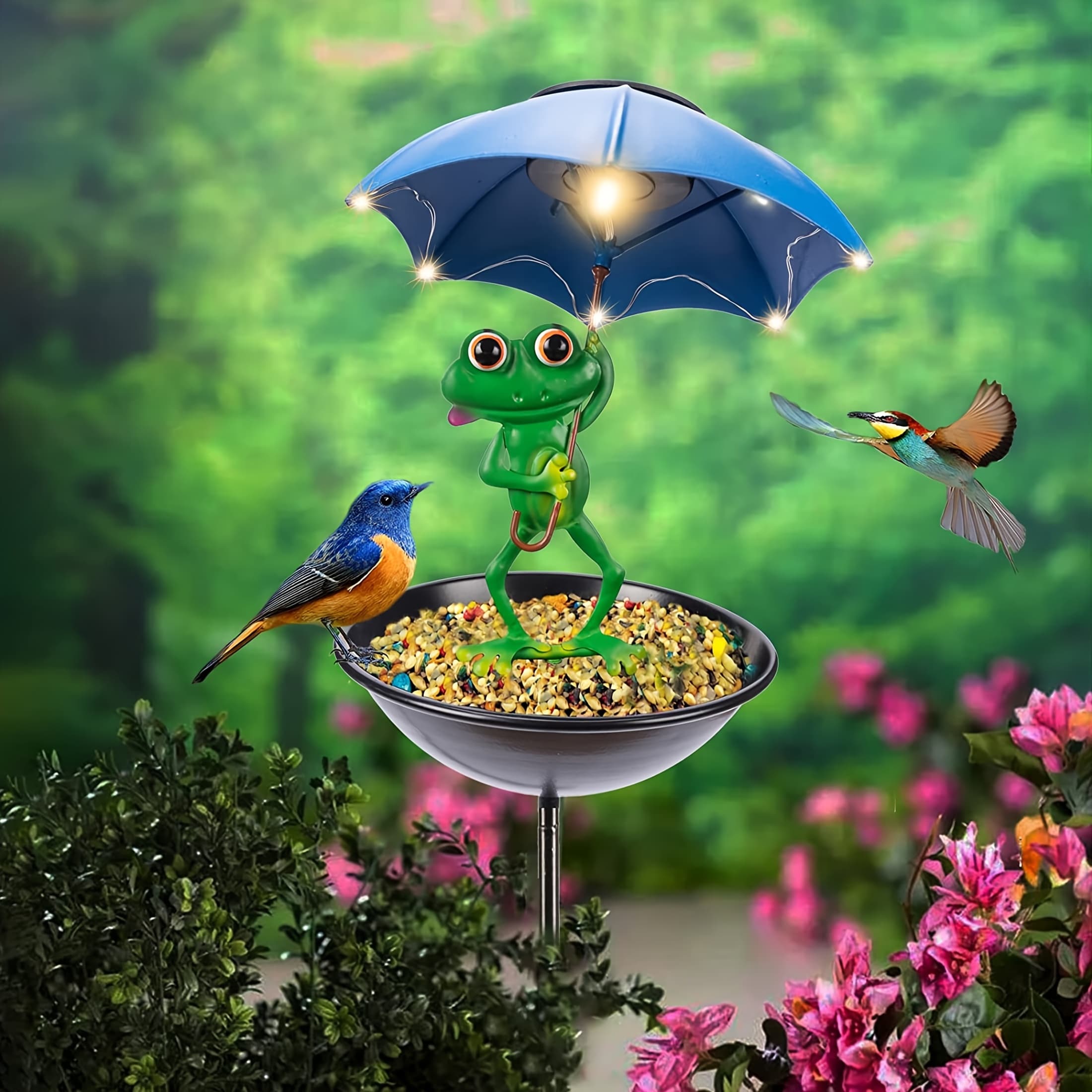 TEMU Solar-powered Iron Hummingbird Feeder With Frog Garden Decoration, Wild Bird Feeding Lights, Perfect Housewarming Gift For Lawn And Trail