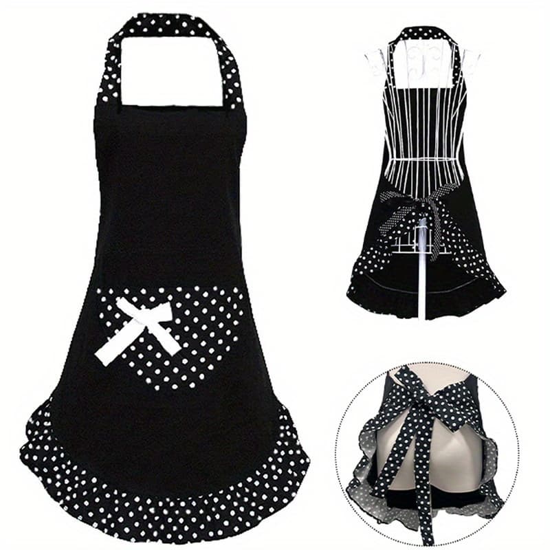 TEMU 1pc, Cute Bow Apron - Unisex Black Bib Apron With Polka Dot Ruffle Design And Large Pocket Featuring A Bow Decoration For Role Play, Perfect For Thanksgiving