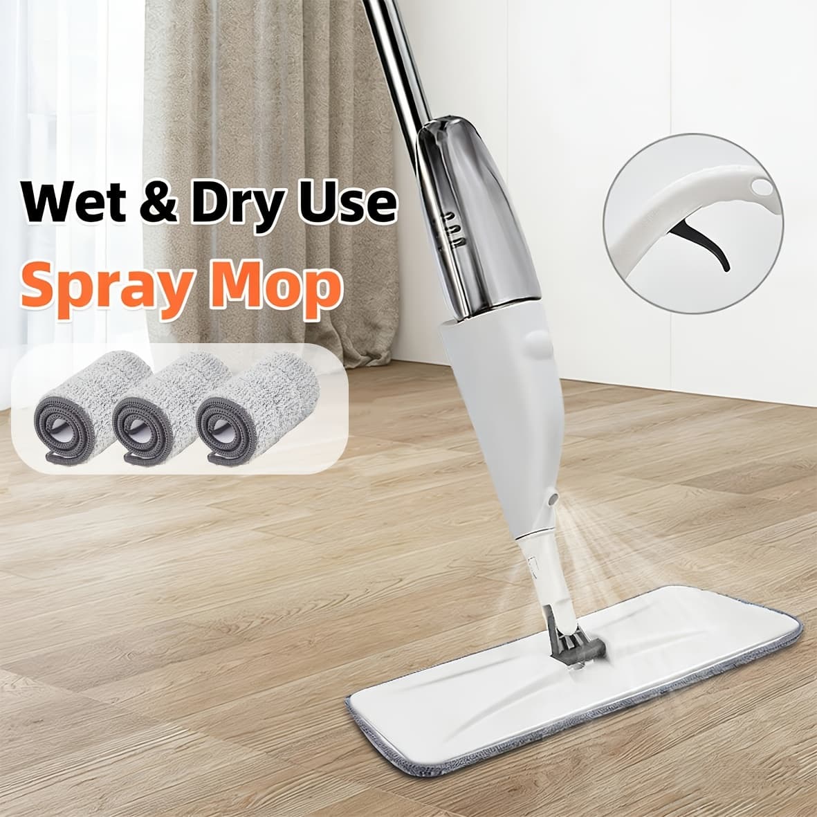 TEMU 4pcs Household Mop With Spray Function, Including 3 Replaceable Cleaning Cloths, Of 360-degree Flexible Cleaning - Suitable For Living Room, Bedroom, Kitchen And Bathroom
