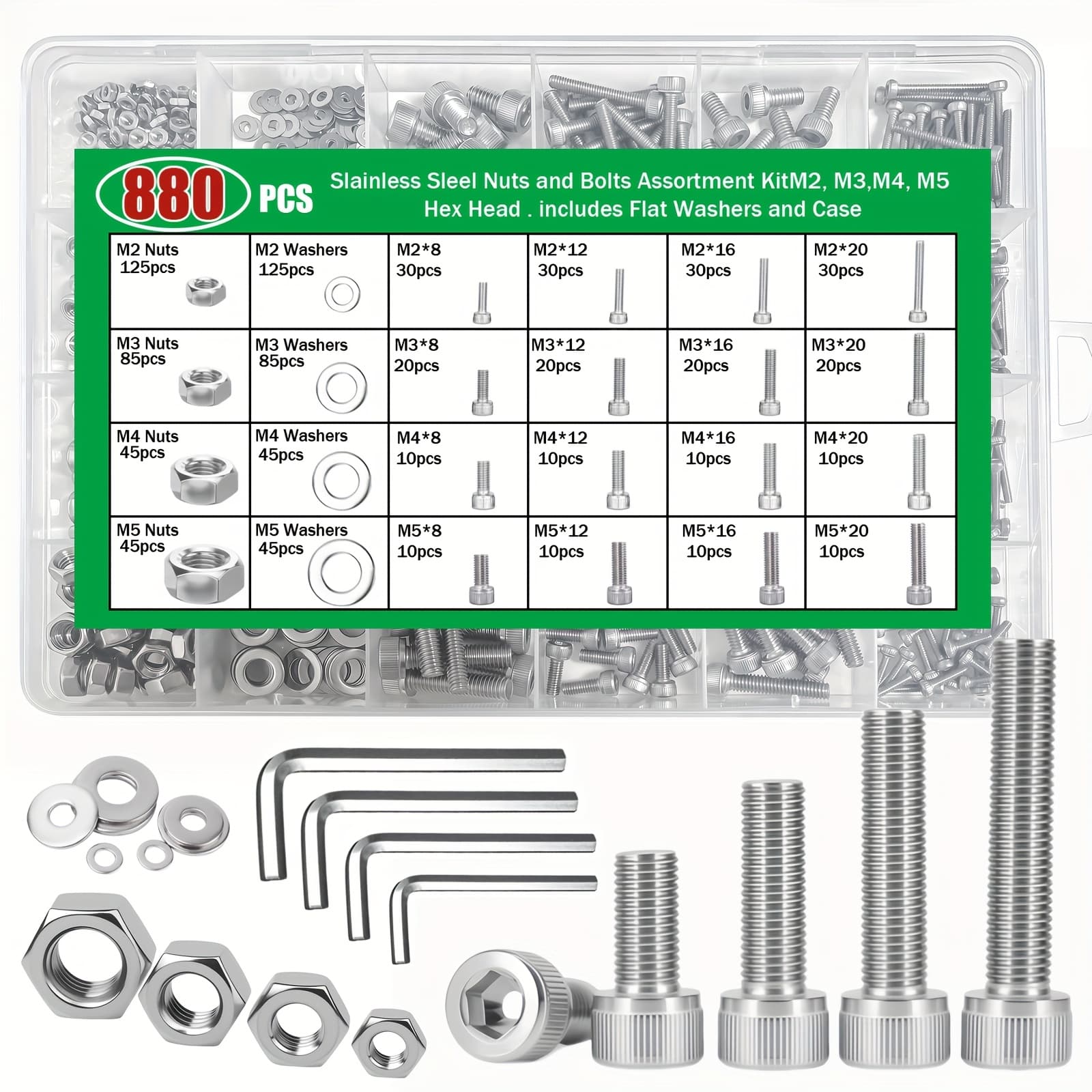 TEMU 880pcs Stainless Steel Hex Nut And Kit - Durable, M2/m3/m4/m5 Sizes, Includes Flat Washers, Comes With 4 Hex Wrenches For Safe Fastening/ /suitable For Applications