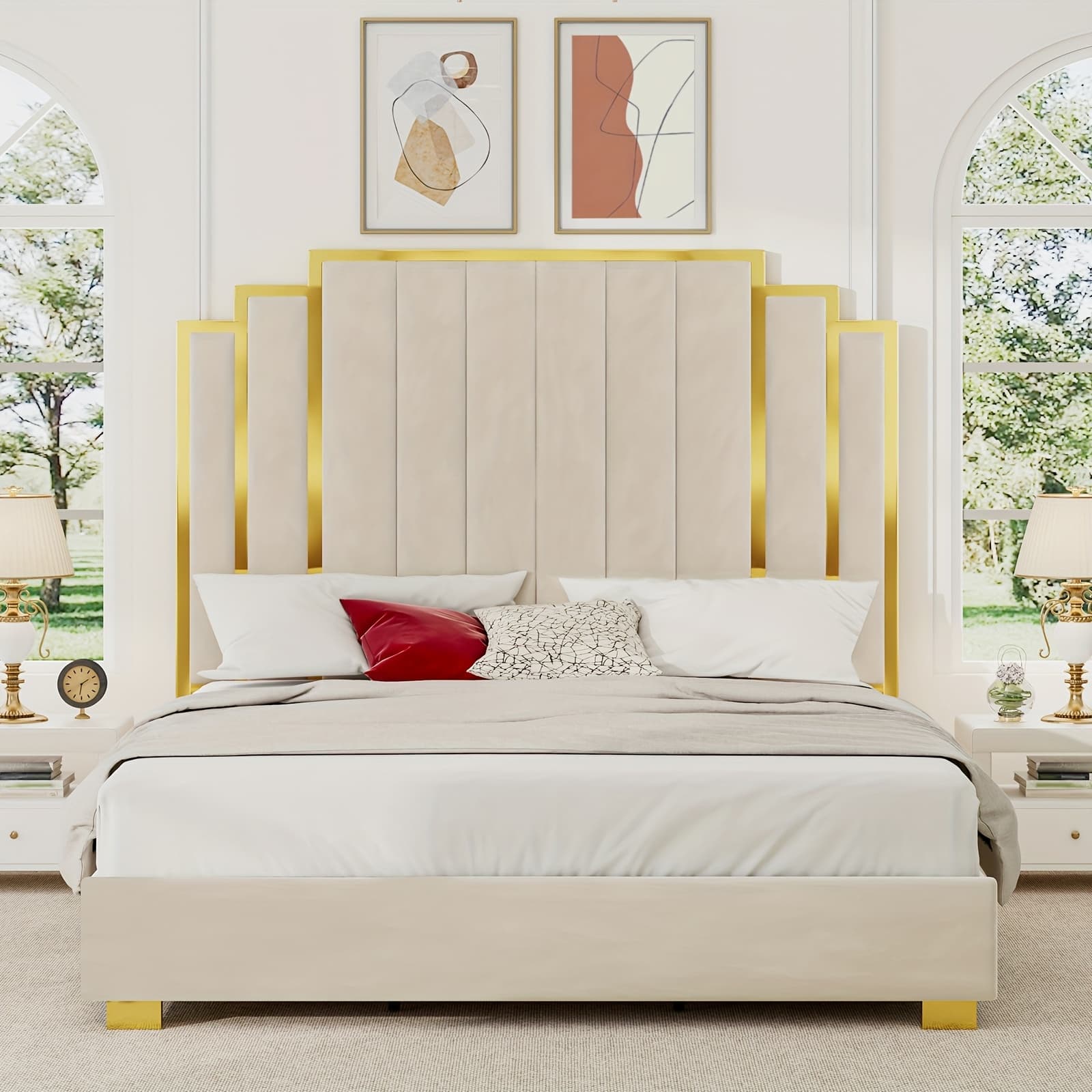 TEMU Luxoak Modern Upholstered Bed Frame With 65" Headboard, Golden Plating Trim, - Spring Needed