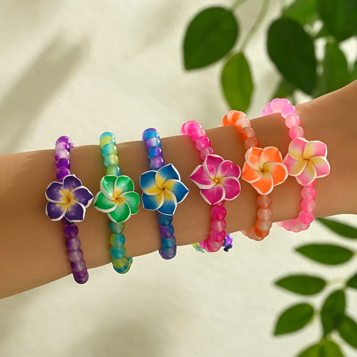 TEMU 6pcs Bohemian Beach Dopamine Glass Beads Random Polymer Clay Flower Weaving Adjustable Bracelet Stacking Set Suitable For Gift Women's Dressing-gifts For , Lovers, Mothers On Valentine's Day,