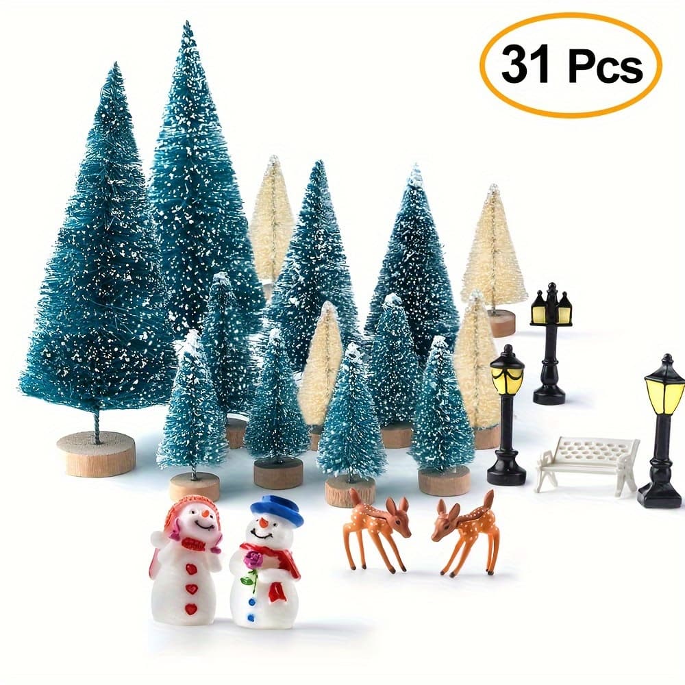 TEMU Mini Christmas Trees Bottle Brush Trees With Reindeer, 31pcs Christmas Village Sets Ornaments For Christmas Decorations Indoor Village Display Platforms Winter Decor