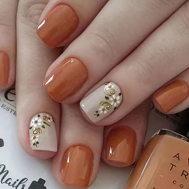 TEMU Look With 24 Short Square-shaped Press-on Nails, Aesthetic, Beautiful Floral , Orange False Nails, Extendable And Detachable Nails, With Jelly Glue, 1 Nail File, 1