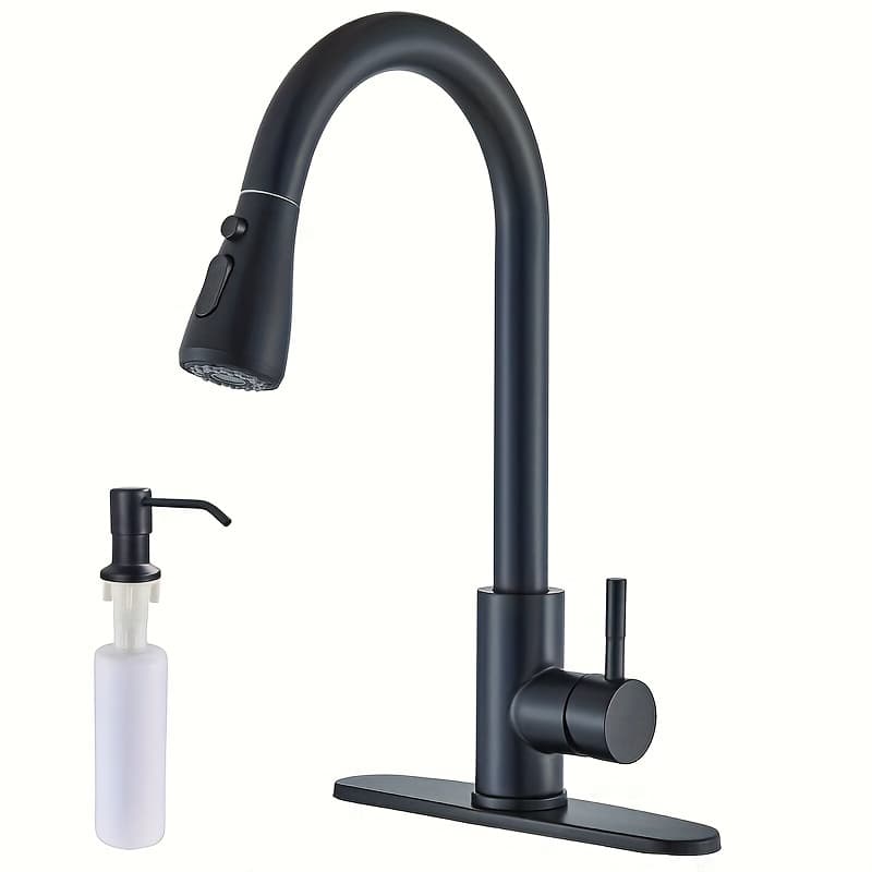 TEMU Kitchen Sink With Pull Down Sprayer & Soap Dispenser, Brass Kitchen With Deck Plate, High Arc Single Handle Sink For Utility Rv Laundry, Matte Black & Brushed Nickel