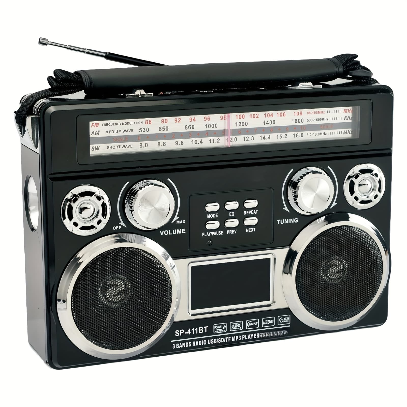 TEMU Portable 3-band Radio With Wireless, Solar Panel, And Led Flashlight, Retro Wireless Speaker, Am/fm/sw Receiver With Mp3 , Telescopic Antenna, , With Leather Handle, Aux/tf/sd, Ideal For Camping