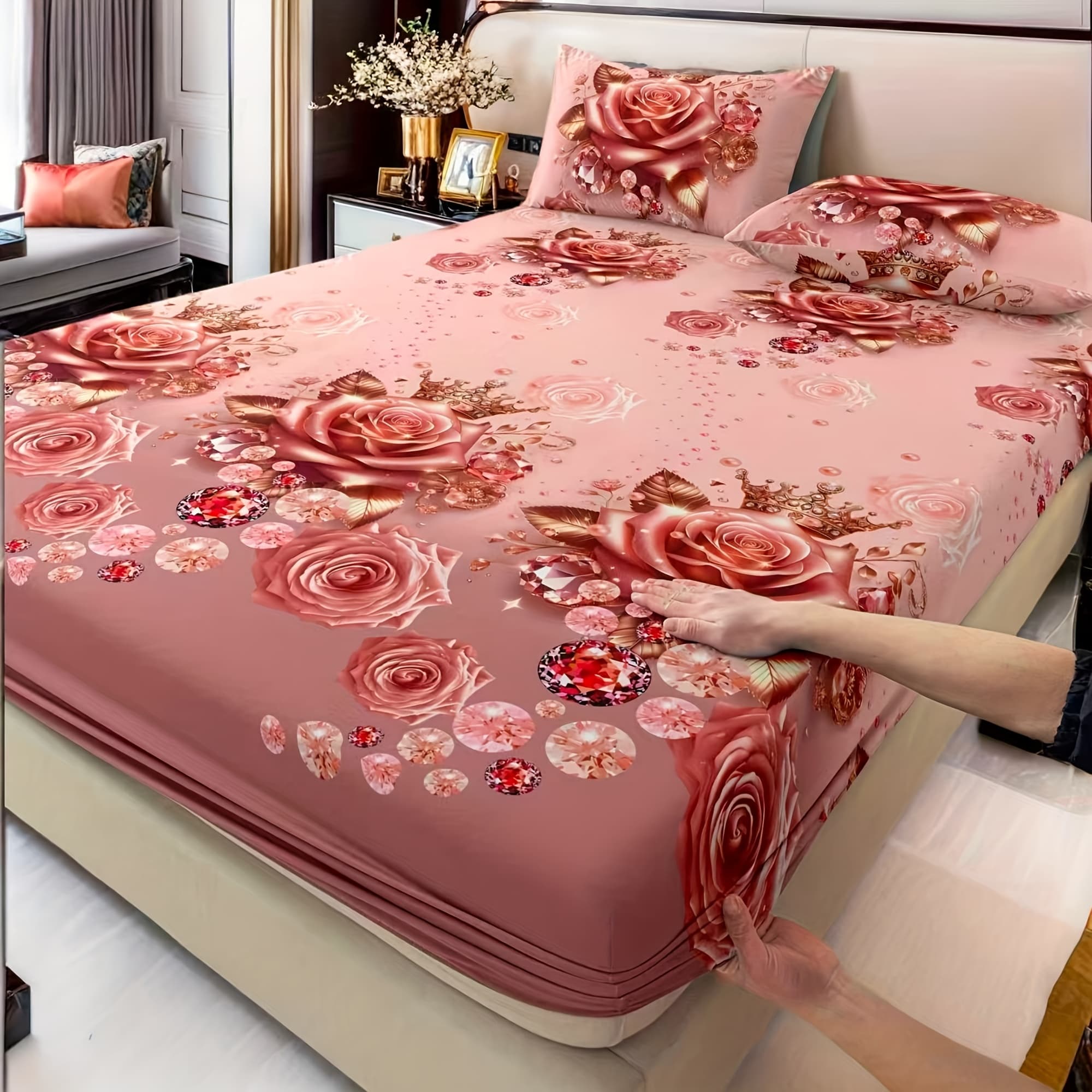 TEMU 3pcs Set Fashion Romantic Christmas Valentine's Day Pink Brick Rose/2 Pillowcases/1 Fitted Sheet/bedroom Twin/full/queen/king - Beige Soft Light Beige-friendly/ - Easy To Put On Mattress Use