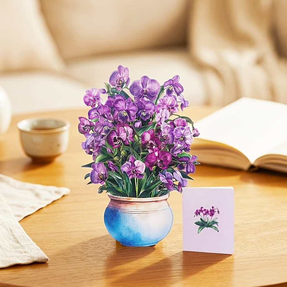 TEMU 1pc 3d Pop Up Pot Card With Envelope And Small Note Card, Purple Floral Greeting Card For Or Birthday