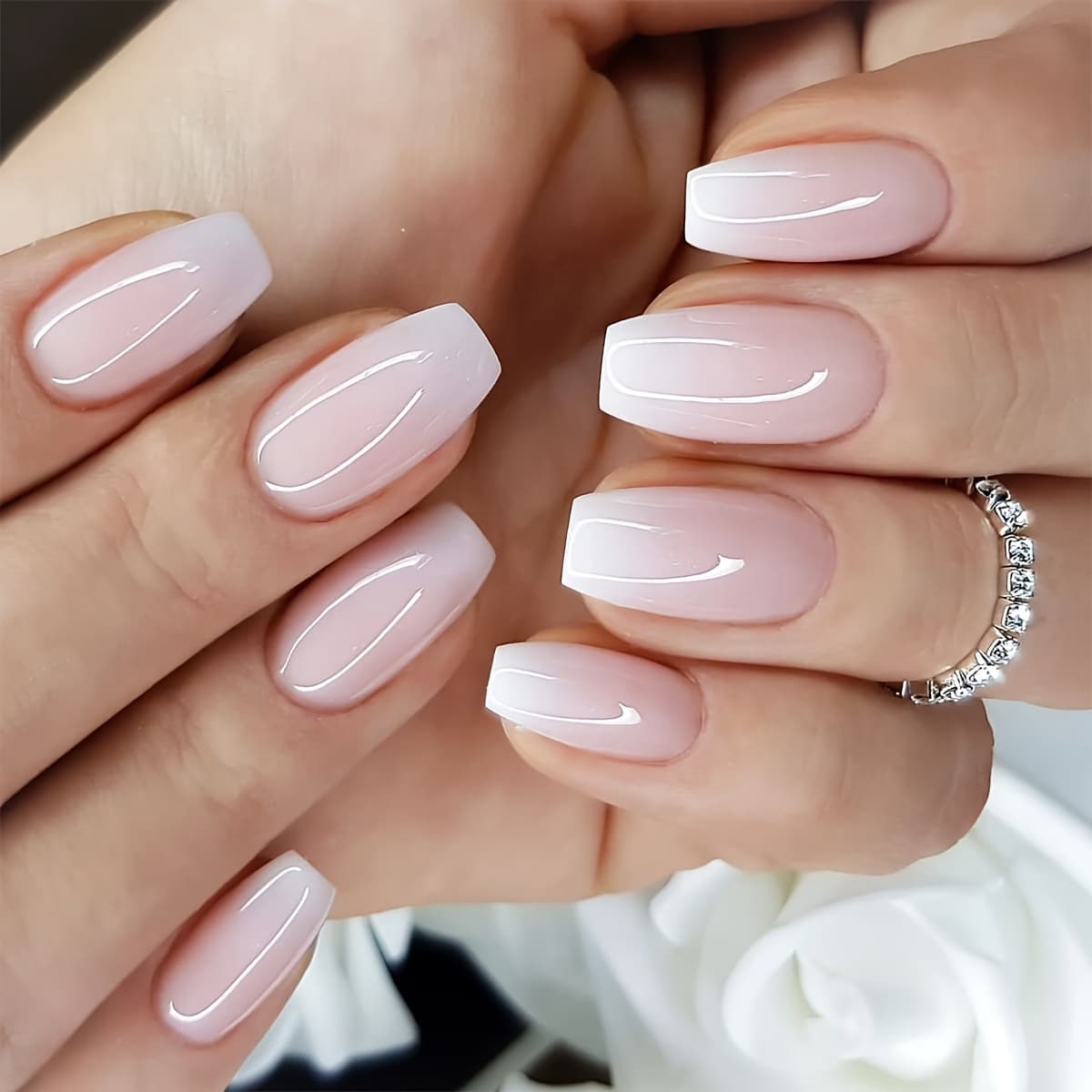 TEMU 24pcs Glossy Short Coffin Press On Nails Classical Pink False Nails Gradient Reusable Fake Nails For Women