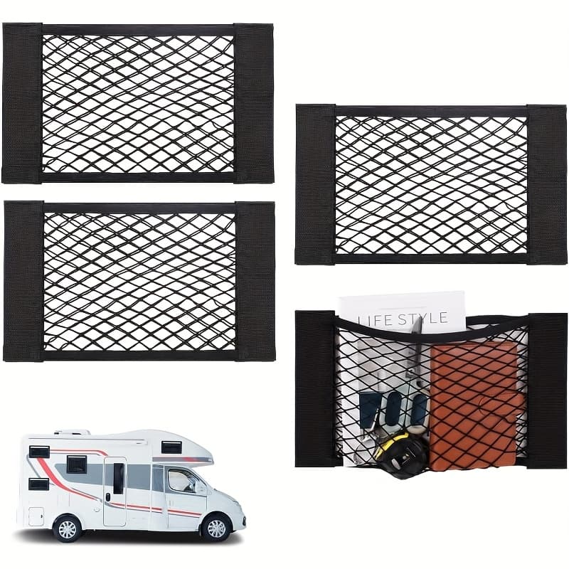 TEMU [4pcs Elastic Cargo Storage Nets] 4pcs Elastic Cargo Storage Nets, Magic With Tape On The Durable Organizer For Rv, Car, Suv, Truck - No-drill Installation Mesh Holders