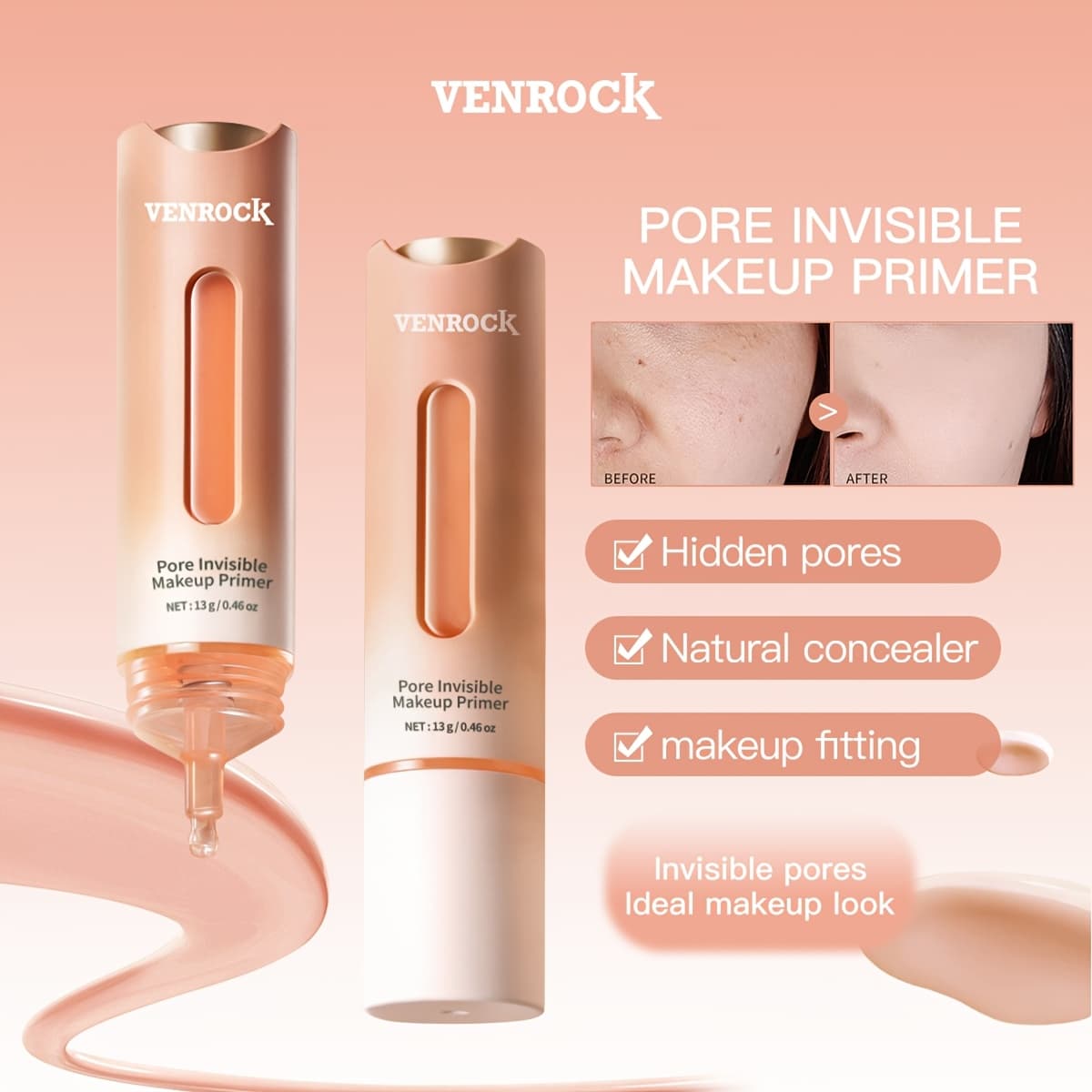 TEMU Venrock Pore Primer 13g, 12h Oil Control And Pore Blurring, With Ganoderma And Cordyceps Extracts, Makeup Base For Smooth Matte End