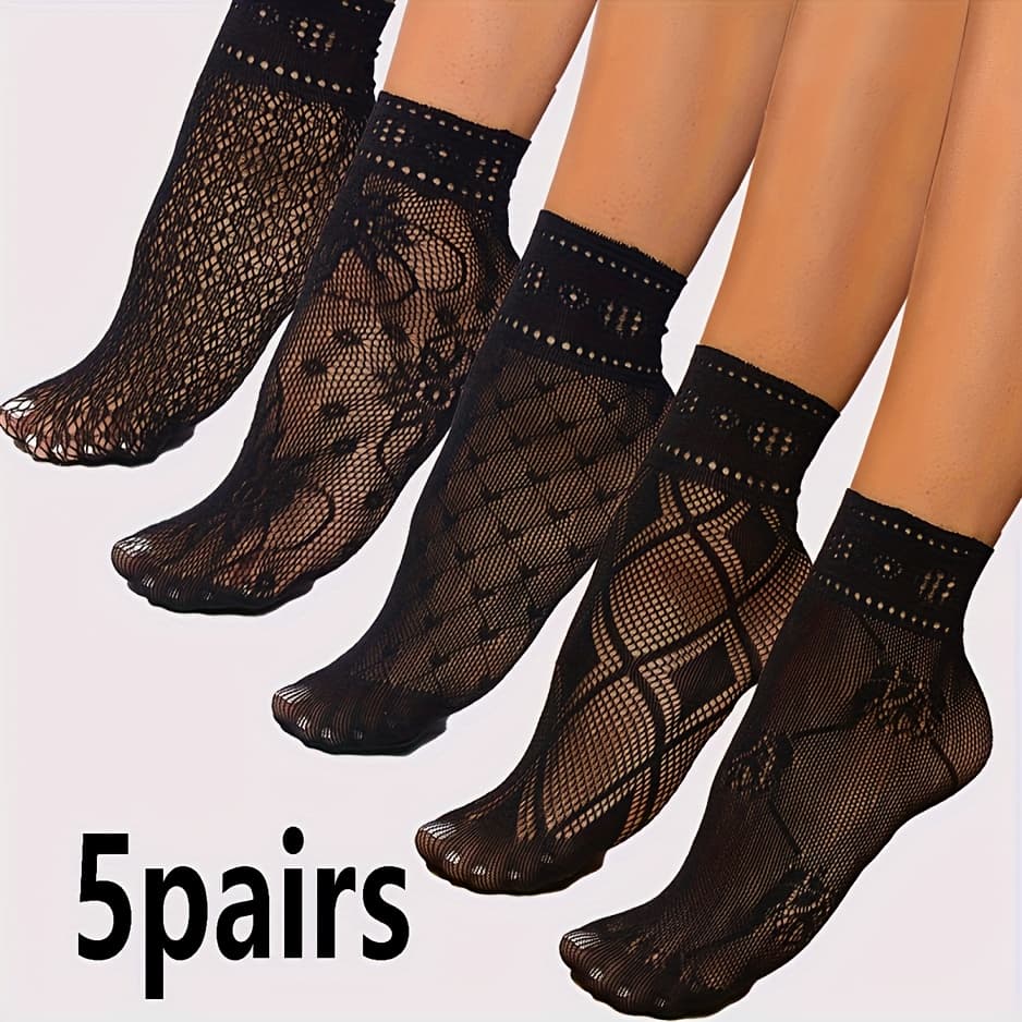 TEMU 5 Pairs Women's Floral Lace Ankle Socks - Black & White Mesh Fishnet Design With Cuffs, Soft Fabric, Perfect For Casual Or Stylish Outfits, Cute Socks, Elegant Sock Design, Soft Fabric Socks