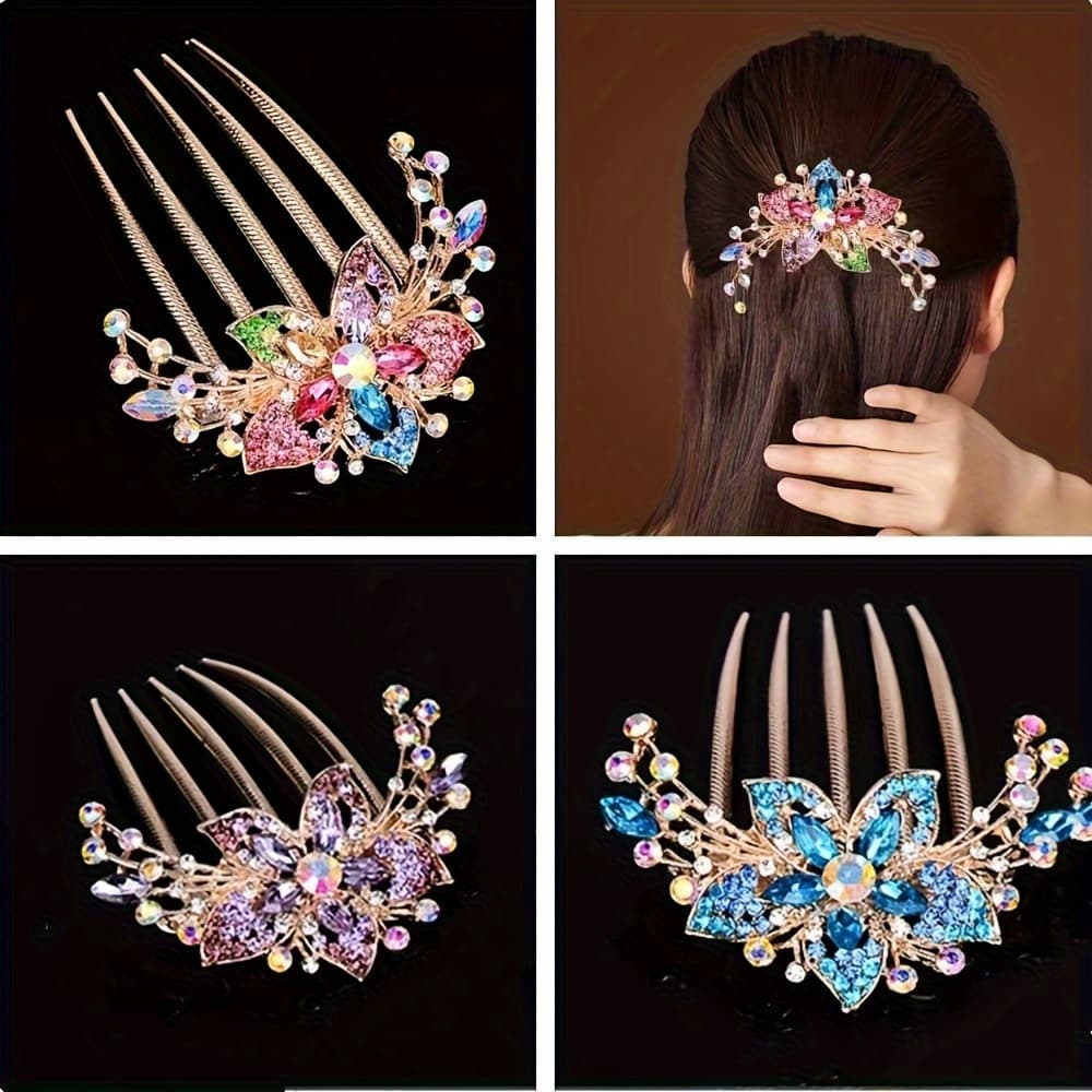 TEMU 3pcs Alloy Insert Comb Korean Version Of The Ornament Crystal Five-tooth Comb Hairpin Ponytail Hair Fork