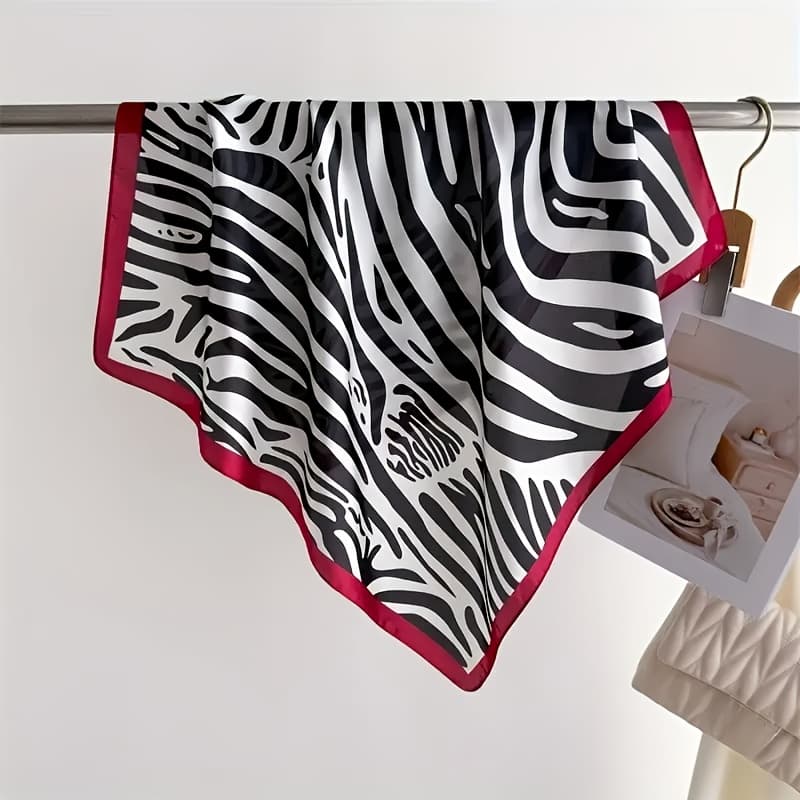 TEMU 1pc Fashion Zebra Scarf - Soft, Lightweight, Versatile For Women | Black And White With Green Accents | Perfect For Neck, Head Or Hair Accessory | Breathable And Warm | Non-elastic Design