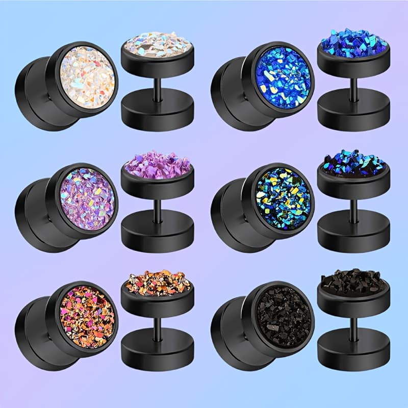 TEMU 12pcs Earrings For Women Men Flat Back Disc Ear Stud Earrings Round Plugs Ear Tunnel Punk Style Dumbell Ear Piercing Black
