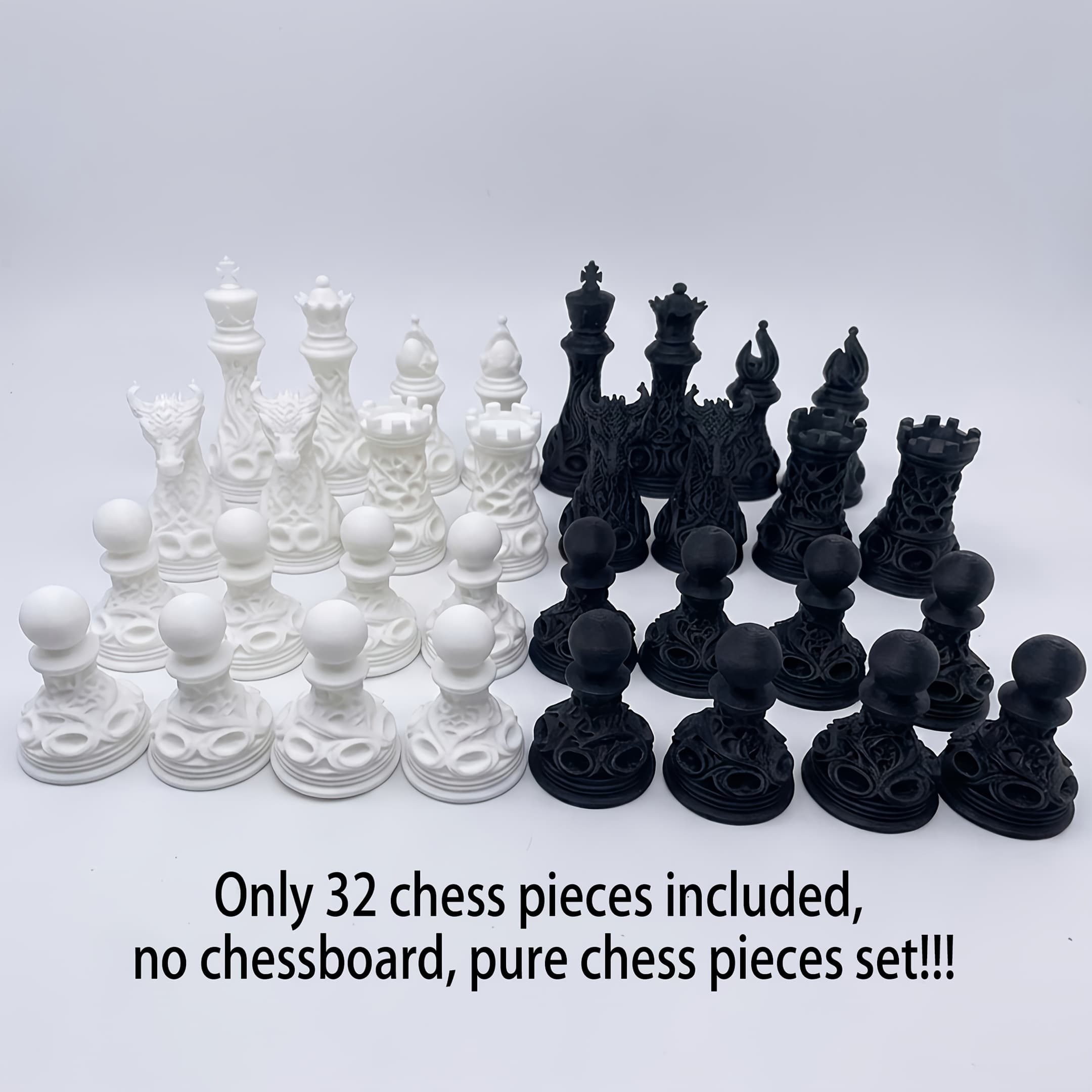 TEMU 32pcs 3d Printed Plastic Gothic Revival Black And White Chess Set | Celtic Dragon Pattern - Matte Polymer Hollow Geometric Structure Tabletop Game, Ideal For Casual Play