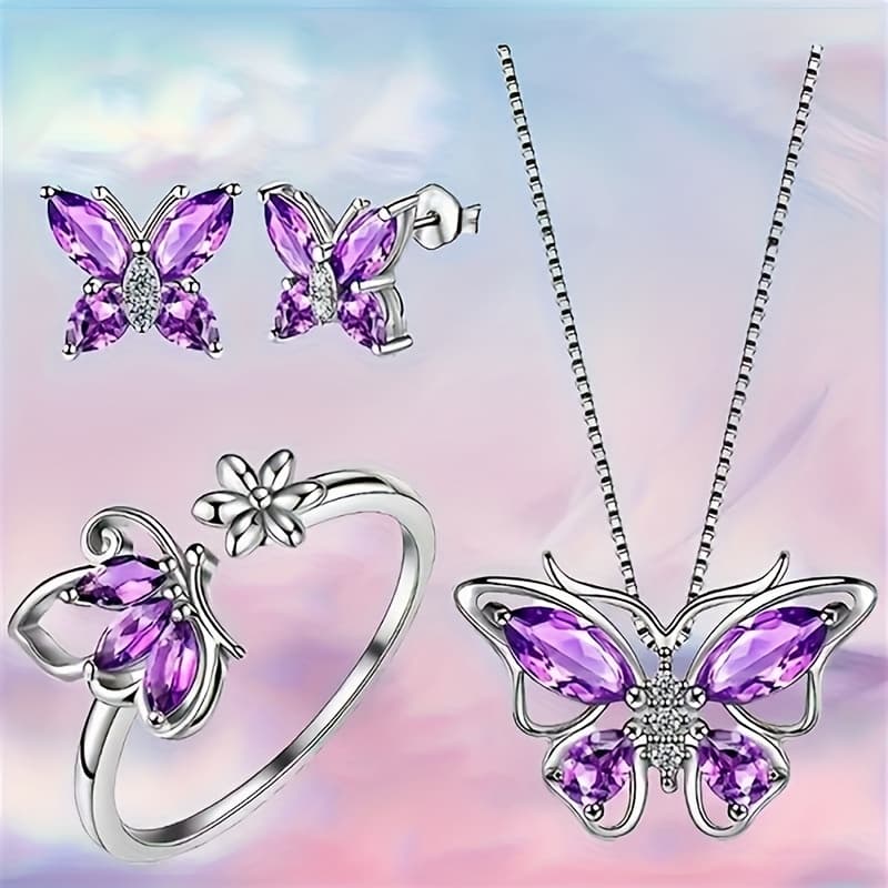 TEMU Jewelry Set, Animal Artificial Amethyst Collarbone Chain, Birthday Stone Pendant Necklace/earring/ring Set, Wedding Gift