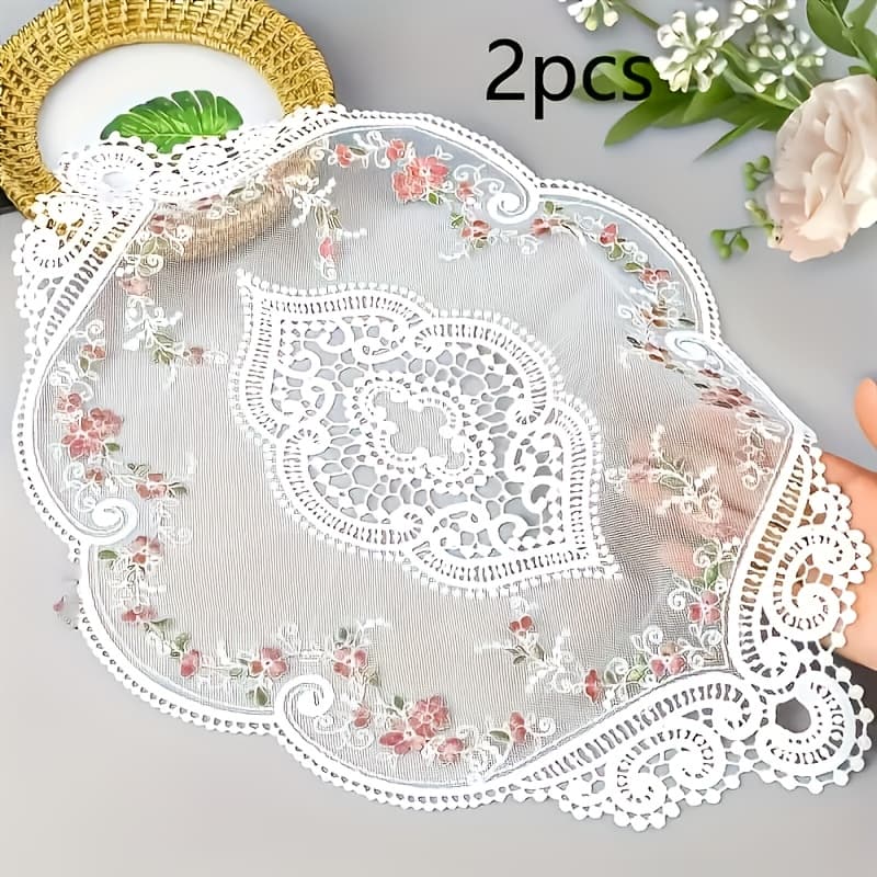 TEMU 2pcs Of Vintage French Placemats - Flower Crochet Hollow Vase Design, Vintage Table Mats For Home, Kitchen, Wedding Decoration, Elegant Tableware Accessories, Exquisite Handicrafts