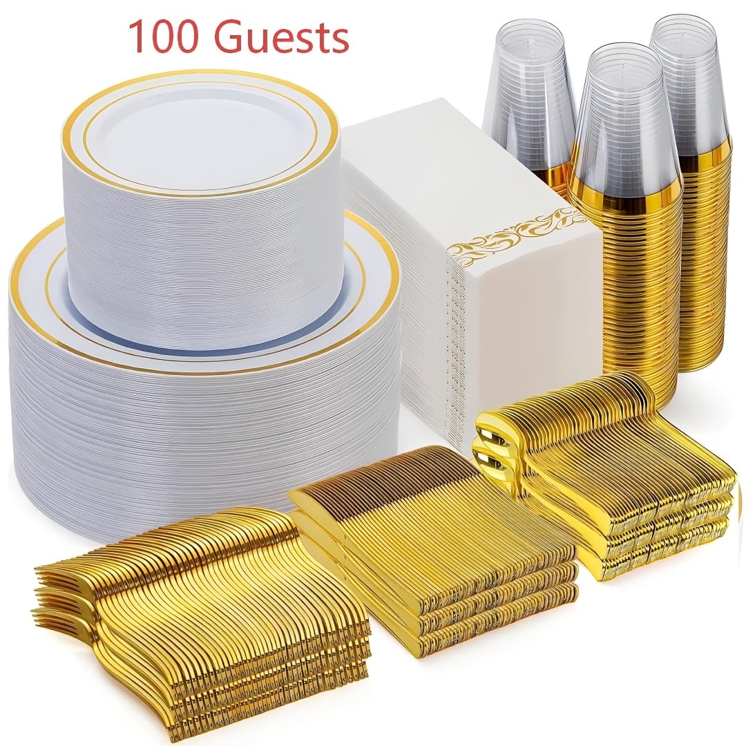 TEMU 700/350pcs Disposable Plastic Dinnerware Set White And Golden Plastic Plates Serve For 100/50 Guests- Dinner Plates, Dessert Plates, Silverware Set, Napkins, Cups For Party & Wedding, Family